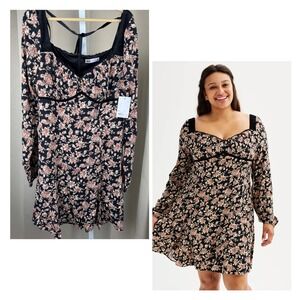 NWT SO Black Floral Long Sleeve Sweetheart Neckline Fit & Flare Dress – XL